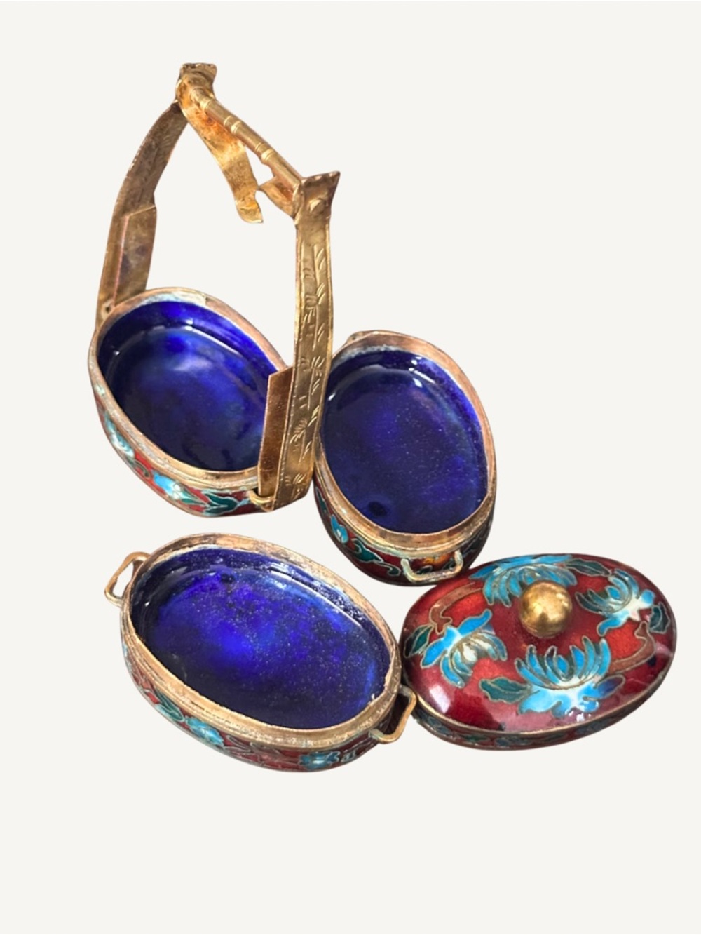 Antique Chinese Cloisonné Blue Teal Red Stacking Trinket Jewelry Pill Box - Picture 2 of 7